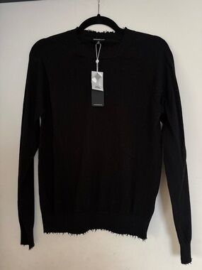 Minnie rose cotton cashmere frayed edge crew sweater
